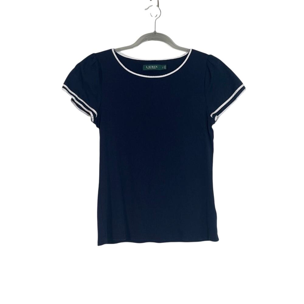 Lauren Ralph Lauren Womens Navy Blue White Trim Short Sleeve Blouse Large Preppy